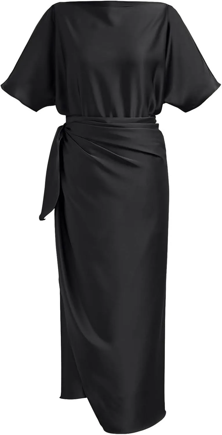 CHICWISH Women Satin Short Sleeve Maxi Dress Elegant Boat Neck Cocktail Evening Party Wrap Long Dress