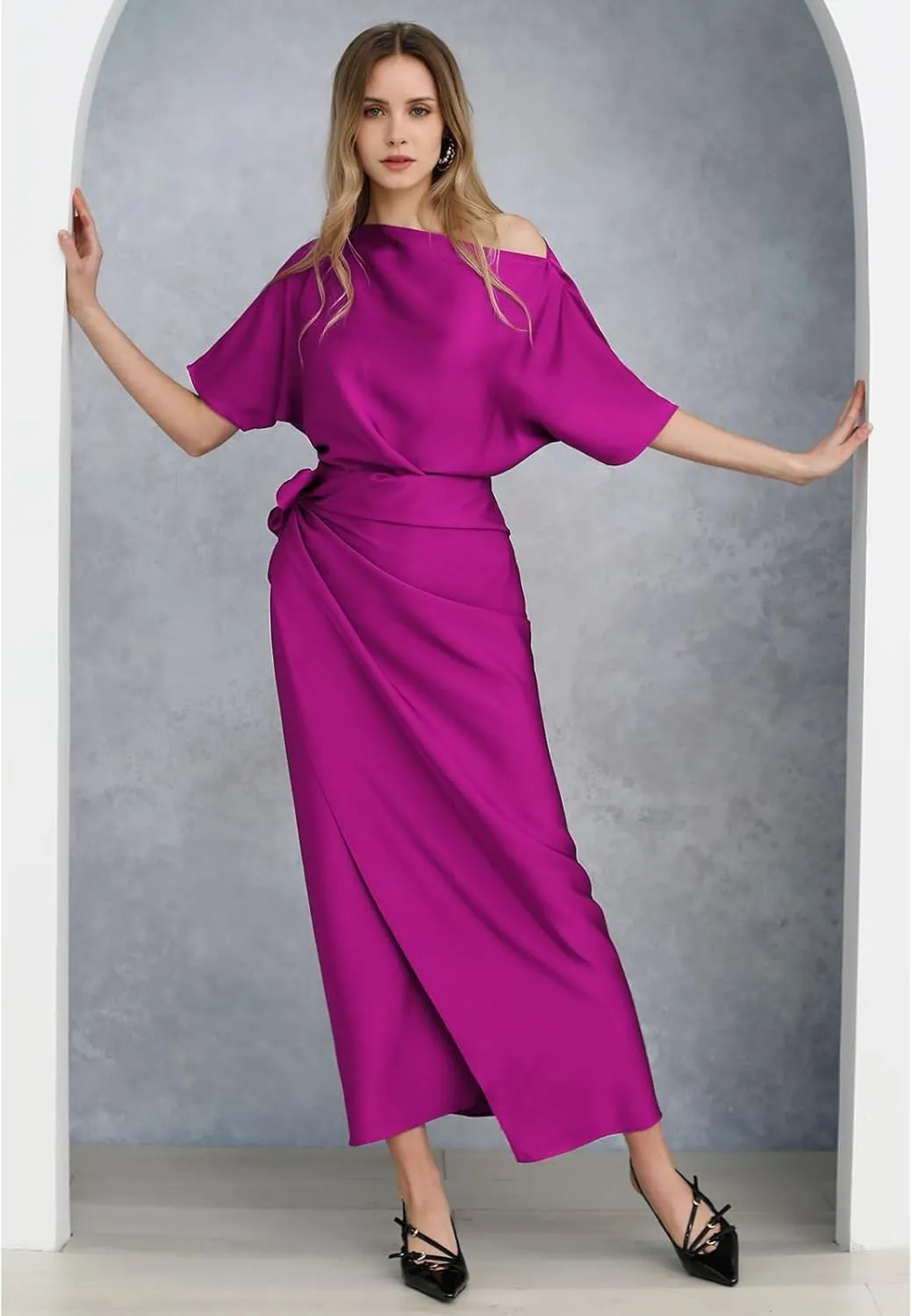 CHICWISH Women Satin Short Sleeve Maxi Dress Elegant Boat Neck Cocktail Evening Party Wrap Long Dress