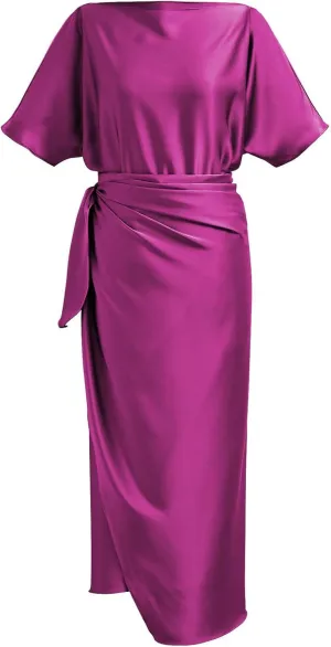 CHICWISH Women Satin Short Sleeve Maxi Dress Elegant Boat Neck Cocktail Evening Party Wrap Long Dress