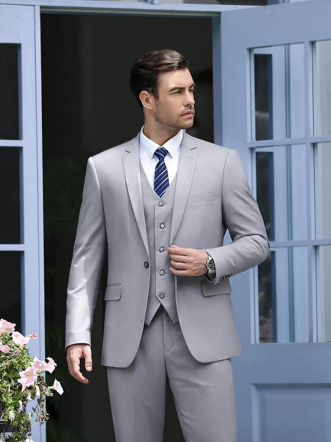 Cooper & Nelson Men's 3 Piece Slim Fit Suit Set, One Button Solid Jacket Vest Pants with Tie