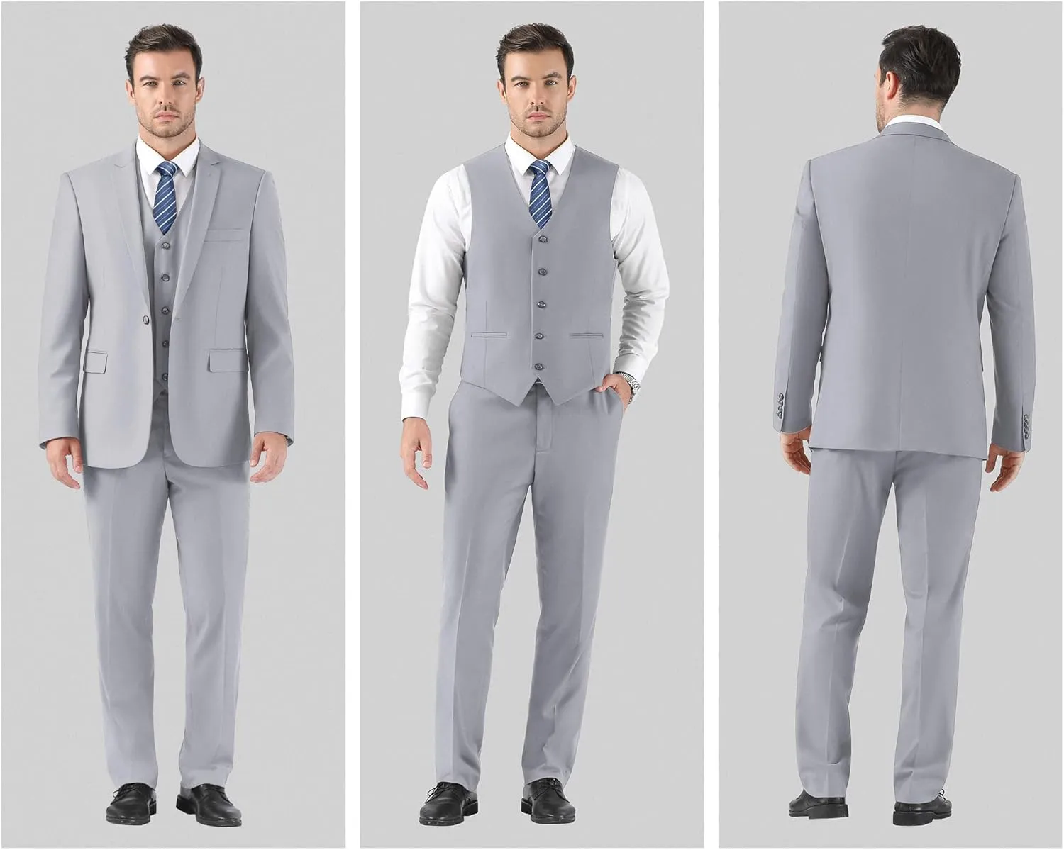 Cooper & Nelson Men's 3 Piece Slim Fit Suit Set, One Button Solid Jacket Vest Pants with Tie