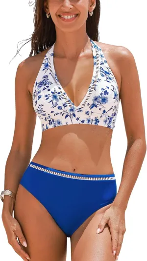 CUPSHE Women's Bikini Sets Two Piece Swimsuit High Waisted Halter Back Self Tie V Neck Textured Hollow Out