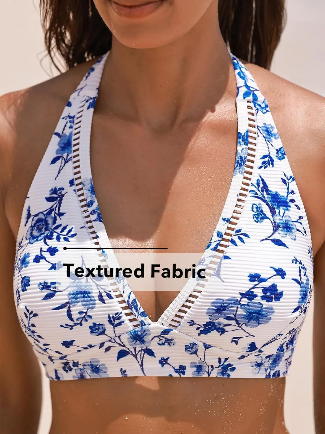 CUPSHE Women's Bikini Sets Two Piece Swimsuit High Waisted Halter Back Self Tie V Neck Textured Hollow Out