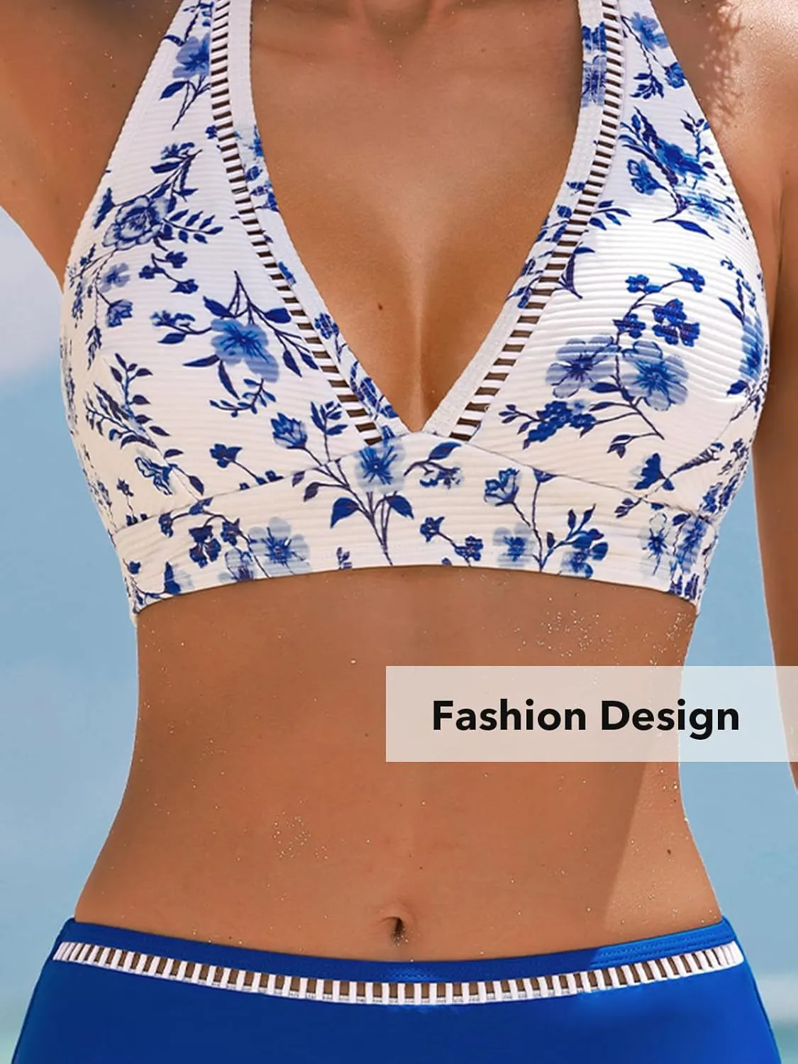 CUPSHE Women's Bikini Sets Two Piece Swimsuit High Waisted Halter Back Self Tie V Neck Textured Hollow Out