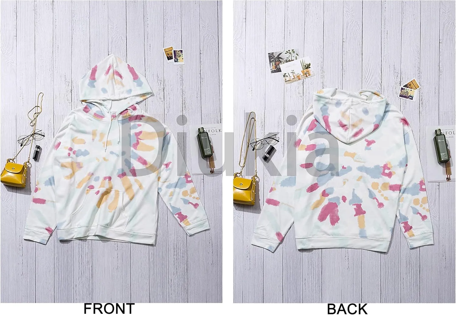 Diukia Women's Fashion Tie Dye Print Pullover Hoodie Long Sleeve Drawstring Hoodie Sweatshirt with Pocket S-2XL