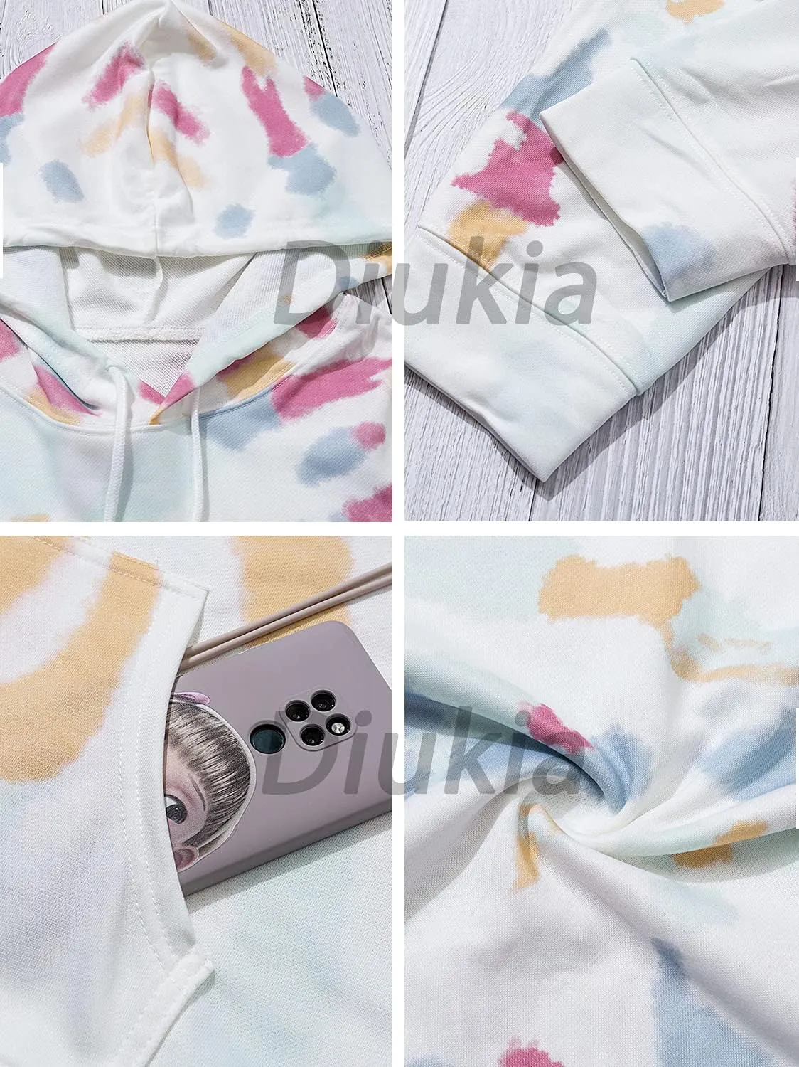 Diukia Women's Fashion Tie Dye Print Pullover Hoodie Long Sleeve Drawstring Hoodie Sweatshirt with Pocket S-2XL