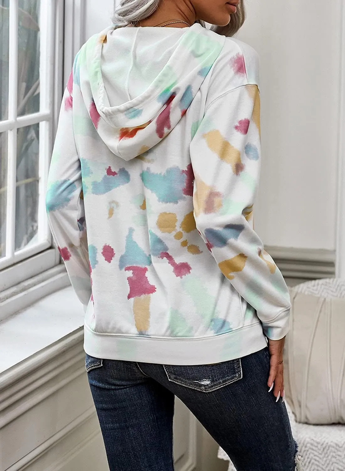 Diukia Women's Fashion Tie Dye Print Pullover Hoodie Long Sleeve Drawstring Hoodie Sweatshirt with Pocket S-2XL