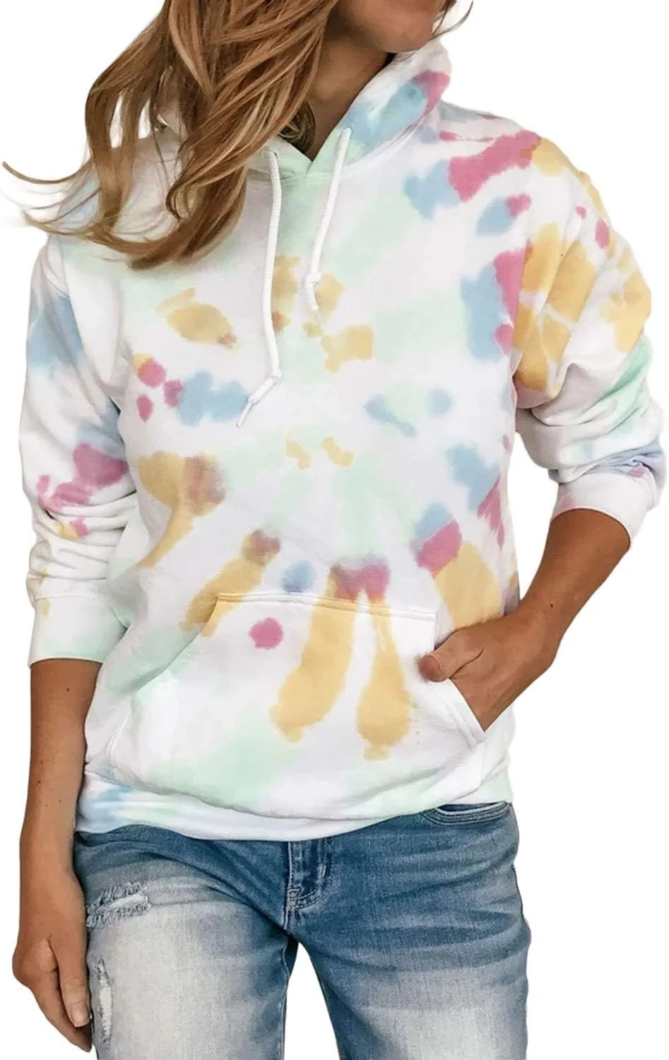 Diukia Women's Fashion Tie Dye Print Pullover Hoodie Long Sleeve Drawstring Hoodie Sweatshirt with Pocket S-2XL
