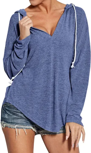Ezcosplay Women Deep V Neck Solid Pullover Drawstring Loose Sweatshirt Hoodies