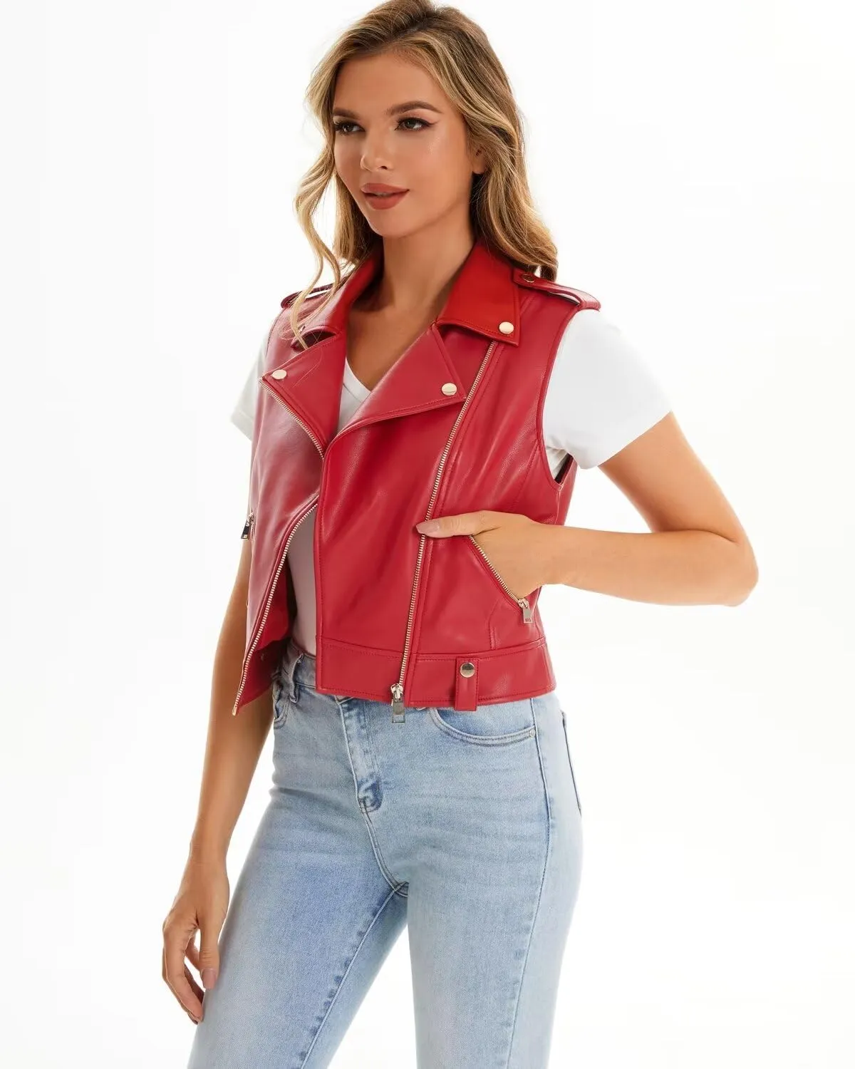 Faux Leather Vest For Women Zipper Cropped Sleeveless Biker Moto Slim PU Motorcycle Waistcoat