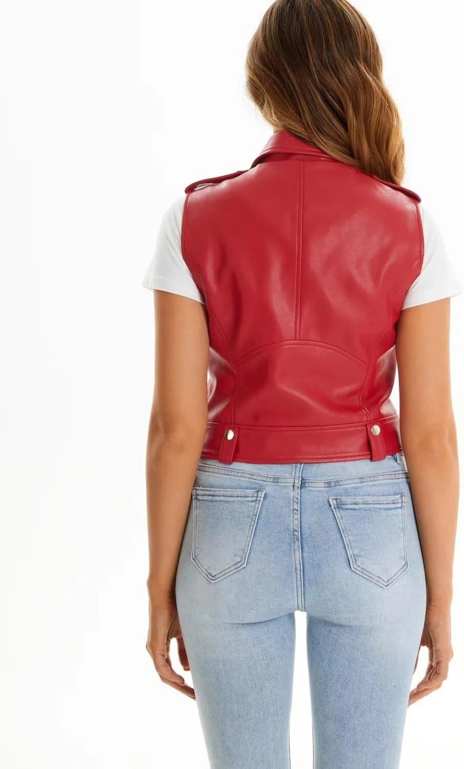 Faux Leather Vest For Women Zipper Cropped Sleeveless Biker Moto Slim PU Motorcycle Waistcoat