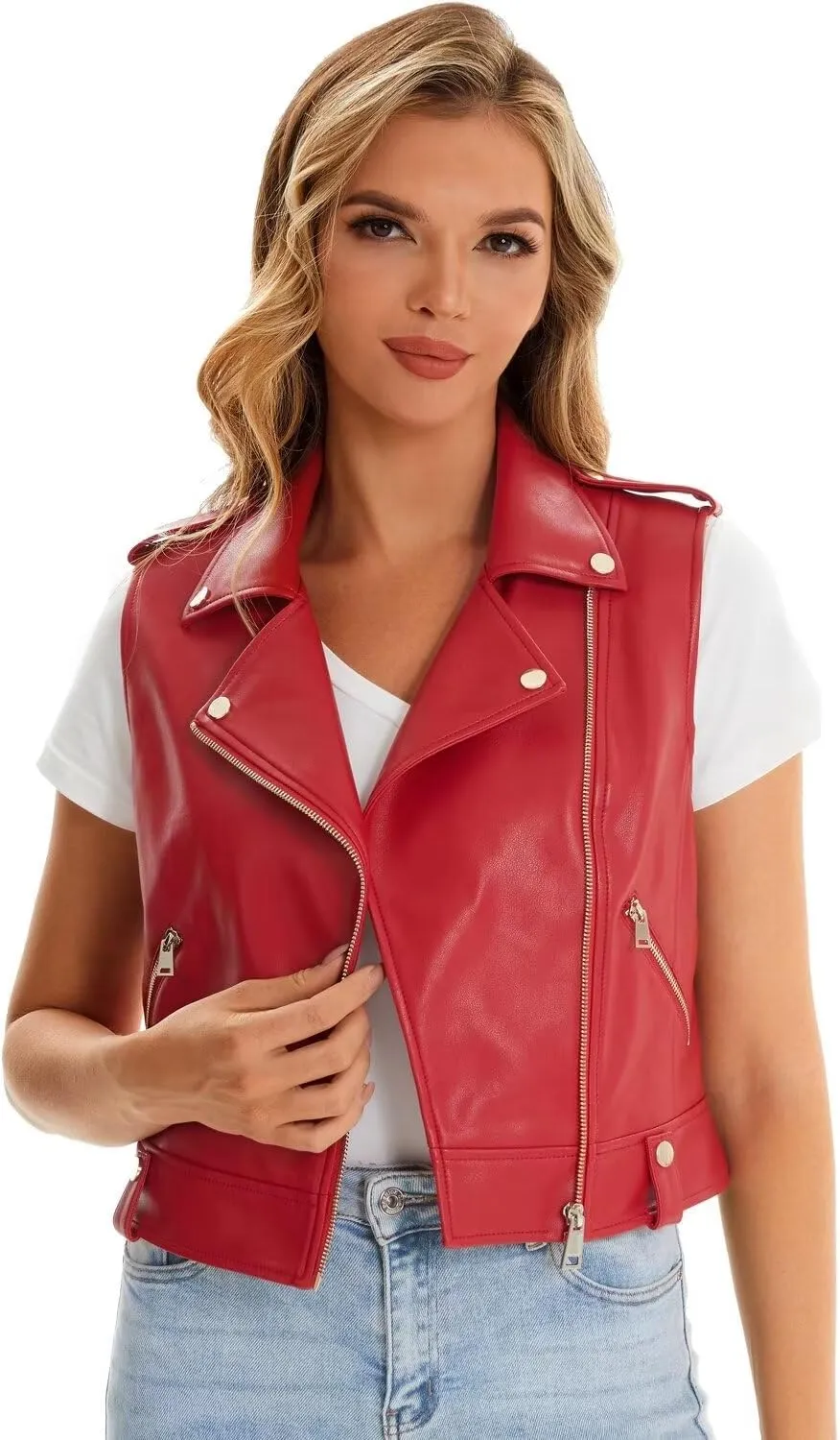 Faux Leather Vest For Women Zipper Cropped Sleeveless Biker Moto Slim PU Motorcycle Waistcoat
