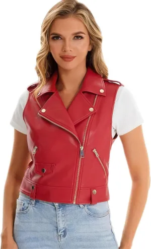 Faux Leather Vest For Women Zipper Cropped Sleeveless Biker Moto Slim PU Motorcycle Waistcoat