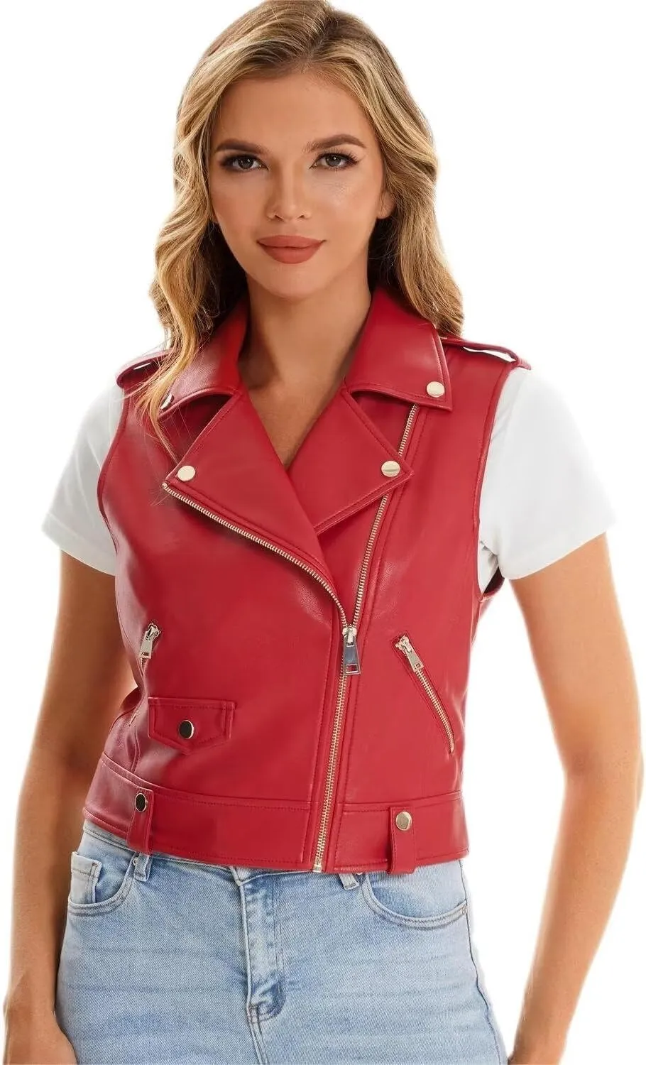 Faux Leather Vest For Women Zipper Cropped Sleeveless Biker Moto Slim PU Motorcycle Waistcoat