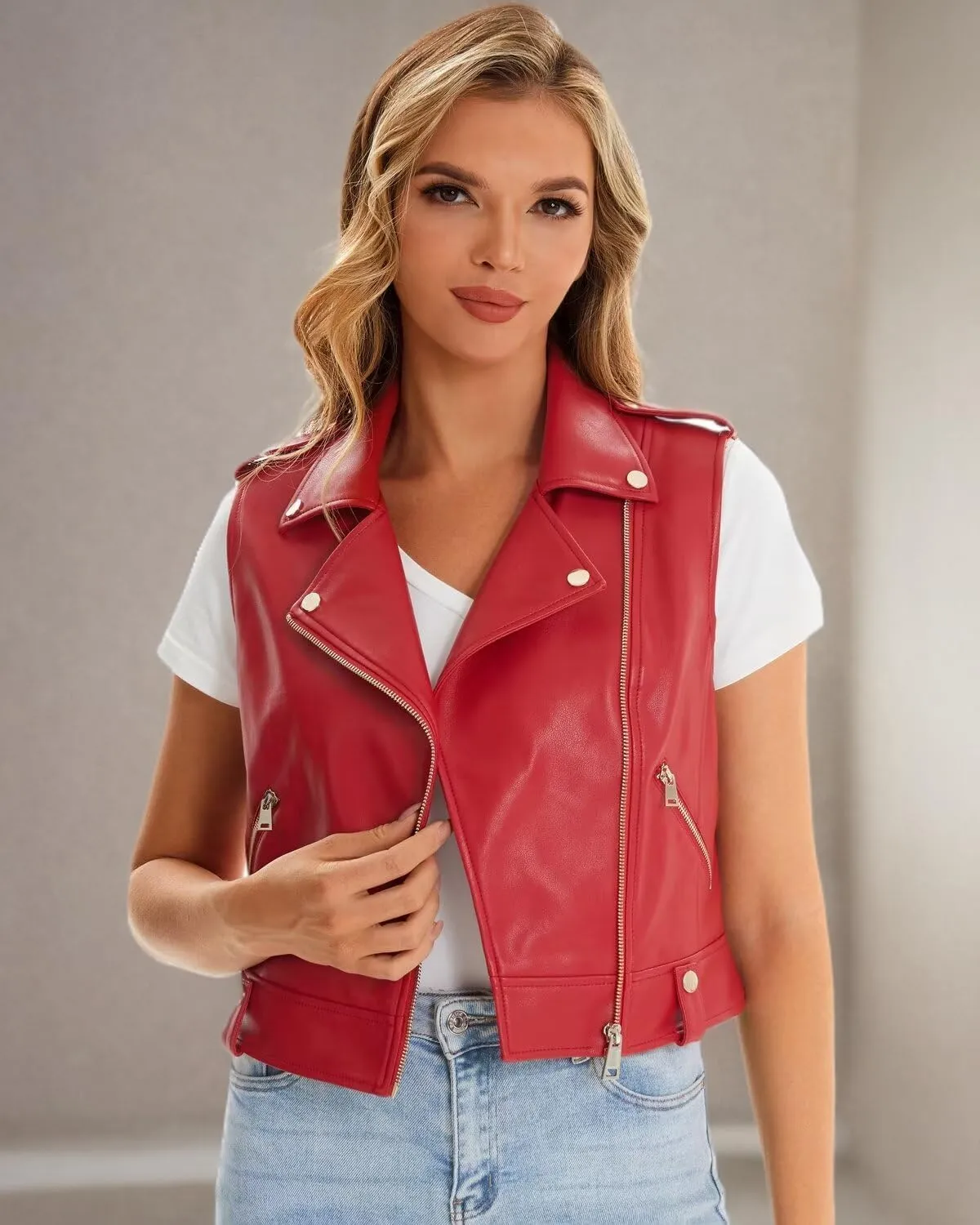 Faux Leather Vest For Women Zipper Cropped Sleeveless Biker Moto Slim PU Motorcycle Waistcoat