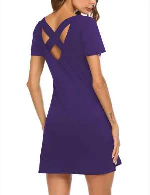 Feager Women's Casual Striped Criss Cross Short Sleeve T Shirt Dress