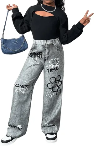 Floerns Girl's 3 Piece Outfit Long Sleeve Super T Shirt Camisole with Denim Pants Set