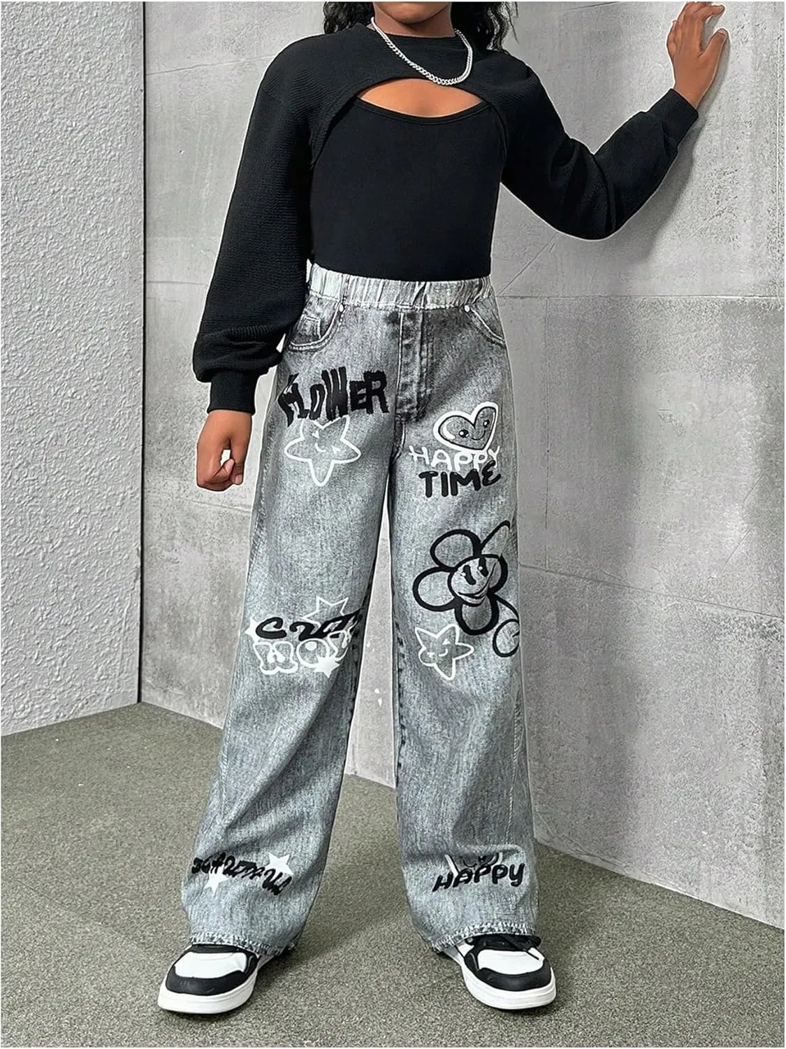 Floerns Girl's 3 Piece Outfit Long Sleeve Super T Shirt Camisole with Denim Pants Set