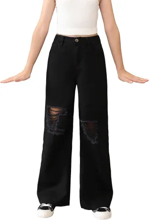 Floerns Girl's Distressed Jeans Cut Out Ripped Zip Up Wide Leg Denim Pants