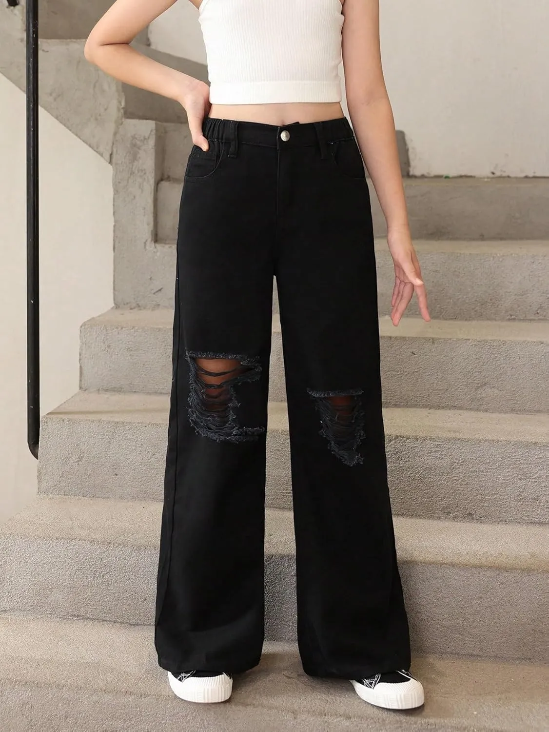 Floerns Girl's Distressed Jeans Cut Out Ripped Zip Up Wide Leg Denim Pants