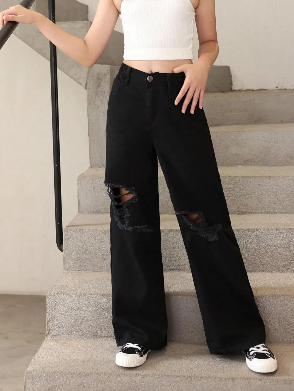 Floerns Girl's Distressed Jeans Cut Out Ripped Zip Up Wide Leg Denim Pants