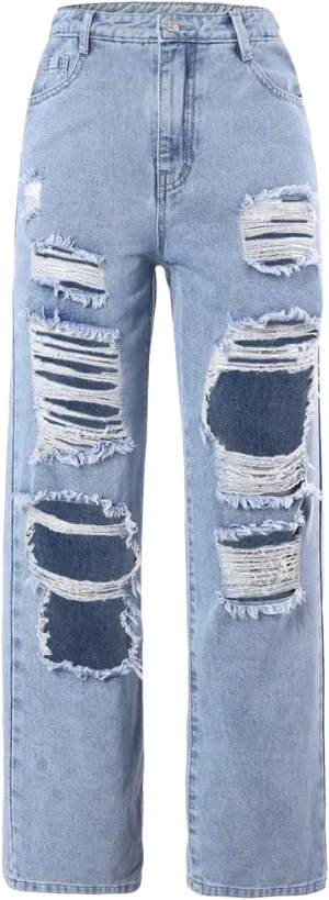 Floerns Girls Elastic Waist Distressed Ripped Straight Leg Denim Jeans
