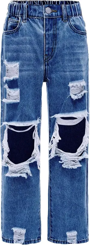 Floerns Girls Elastic Waist Distressed Ripped Straight Leg Denim Jeans