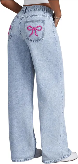 Floerns Women's Bowknot Embroidery Jeans Y2k Straight Leg Boyfriend Denim Pants