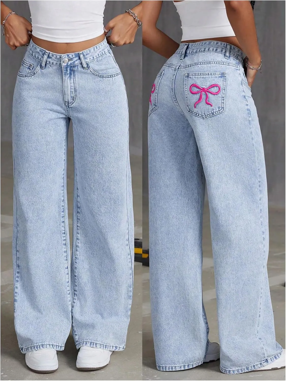 Floerns Women's Bowknot Embroidery Jeans Y2k Straight Leg Boyfriend Denim Pants