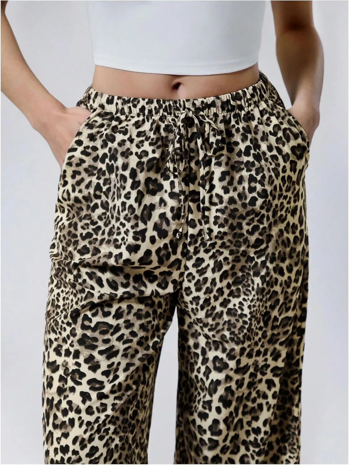Floerns Women's Drawstring Waist Leopard Print Trousers Tie Front Wide Leg Pants