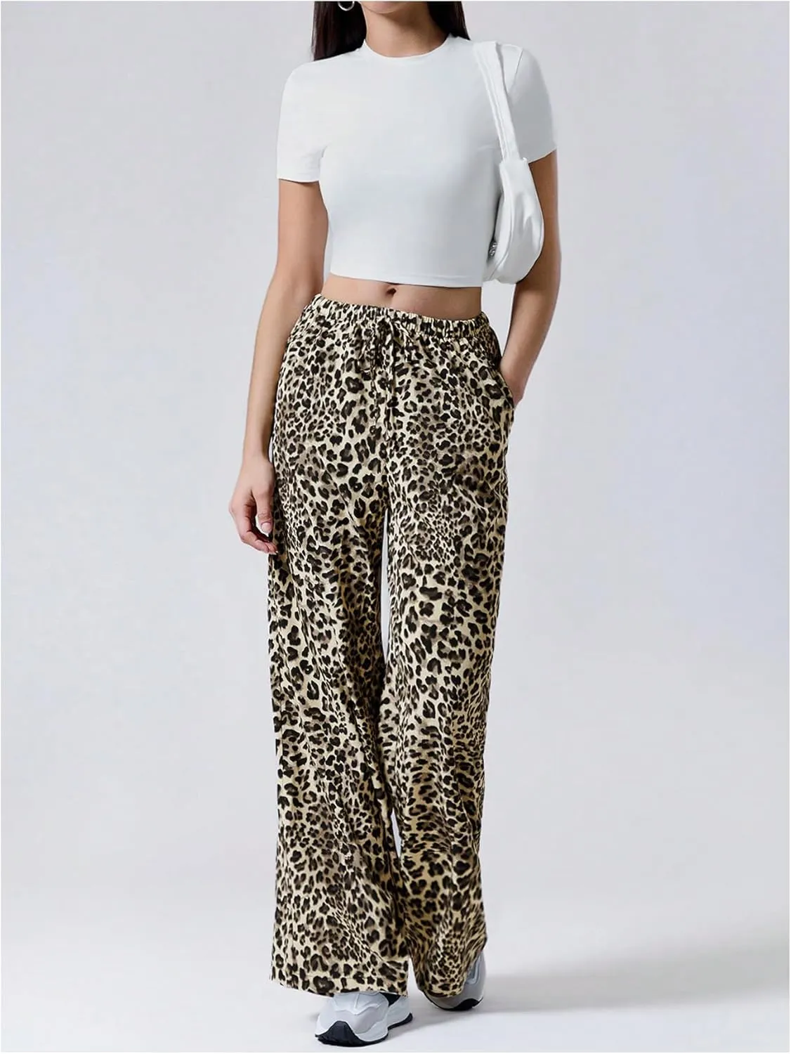 Floerns Women's Drawstring Waist Leopard Print Trousers Tie Front Wide Leg Pants