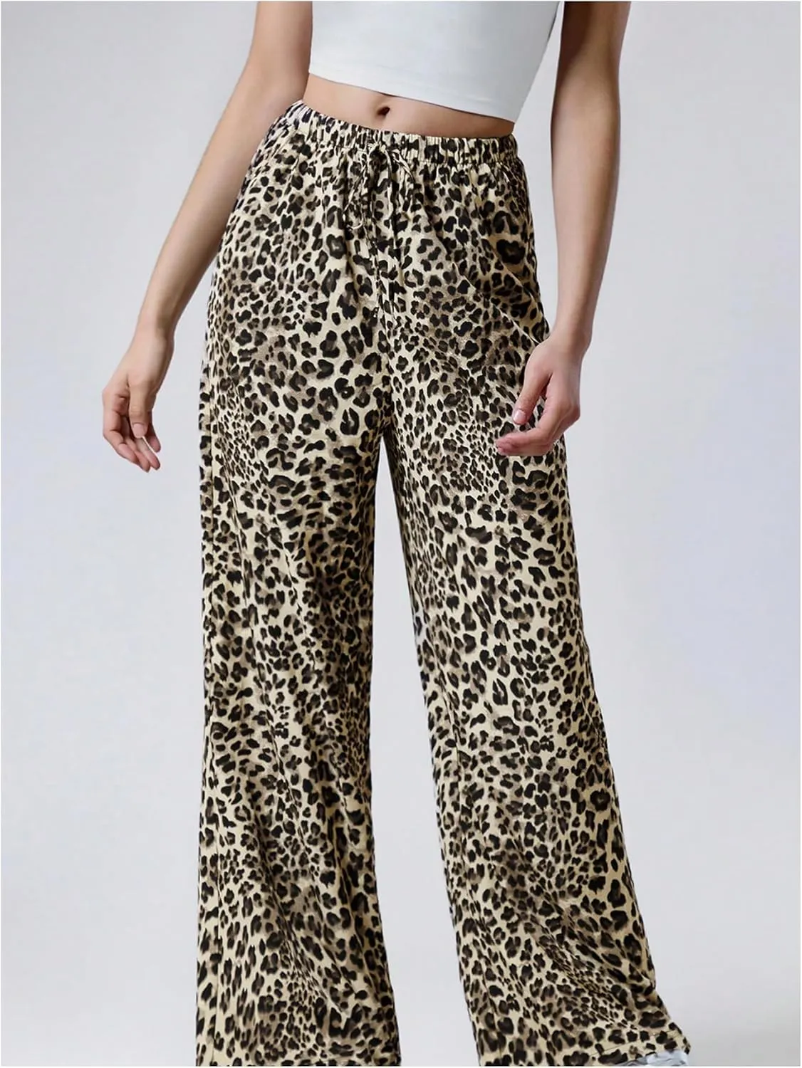 Floerns Women's Drawstring Waist Leopard Print Trousers Tie Front Wide Leg Pants