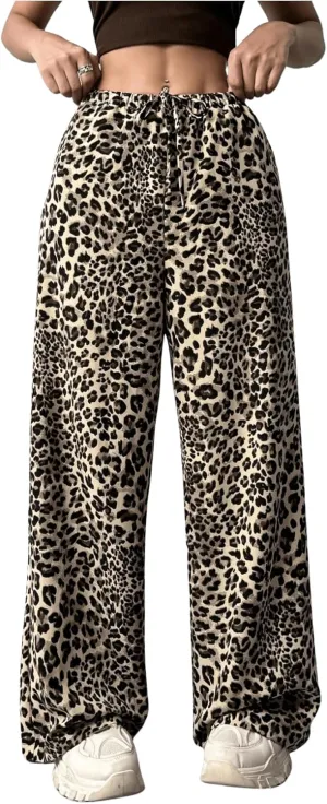 Floerns Women's Drawstring Waist Leopard Print Trousers Tie Front Wide Leg Pants