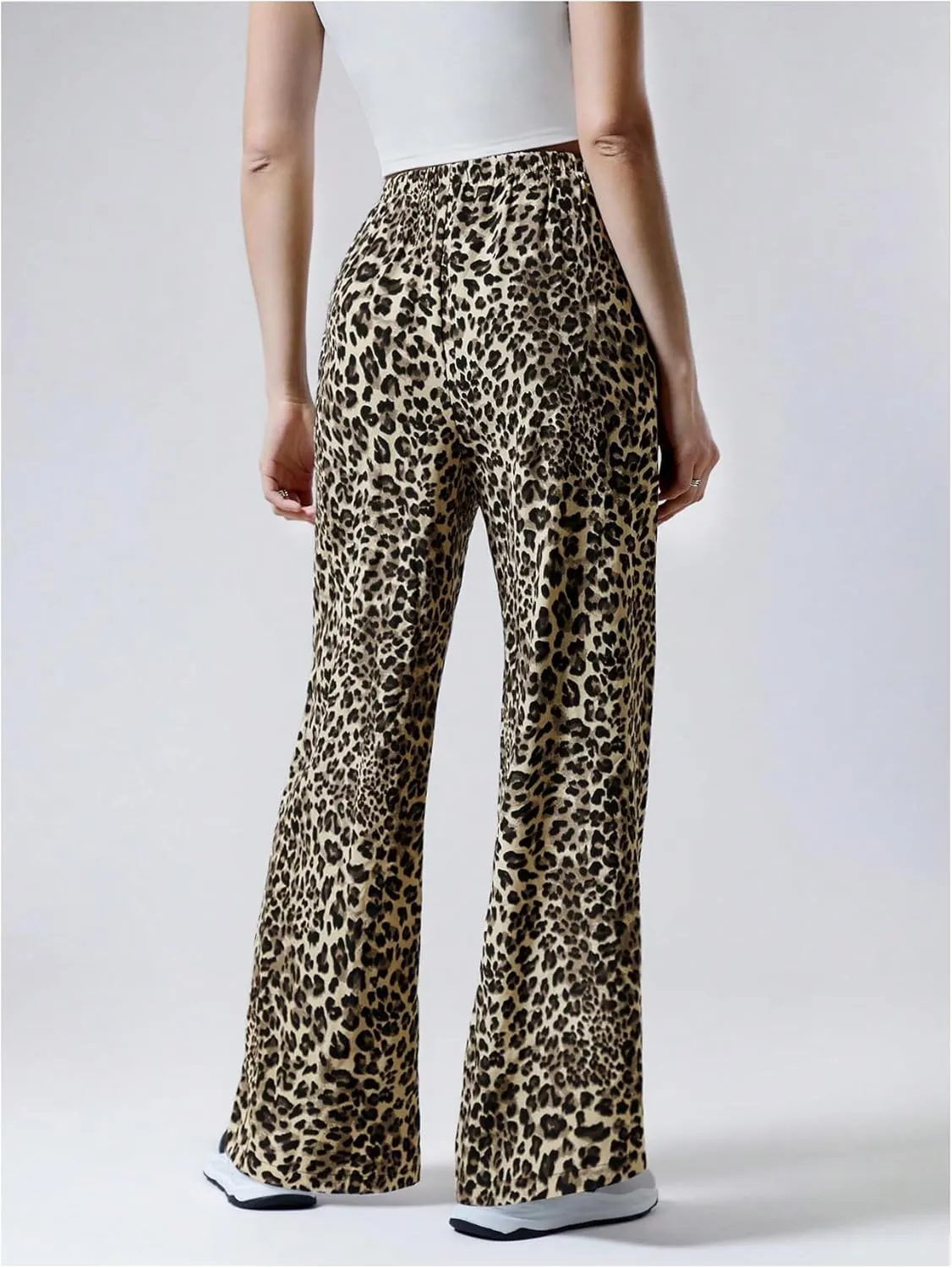 Floerns Women's Drawstring Waist Leopard Print Trousers Tie Front Wide Leg Pants
