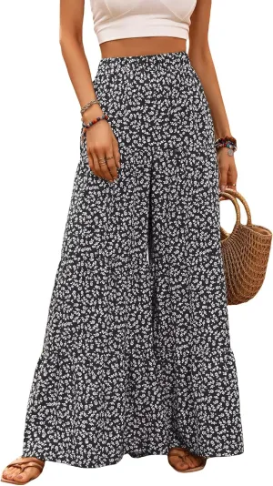 Floerns Women's Floral Print High Waist Beach Wide Leg Palazzo Pants