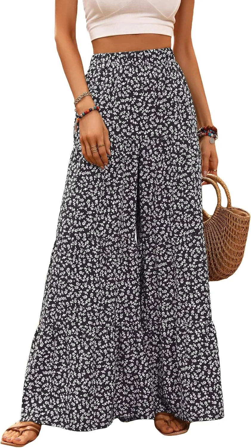 Floerns Women's Floral Print High Waist Beach Wide Leg Palazzo Pants