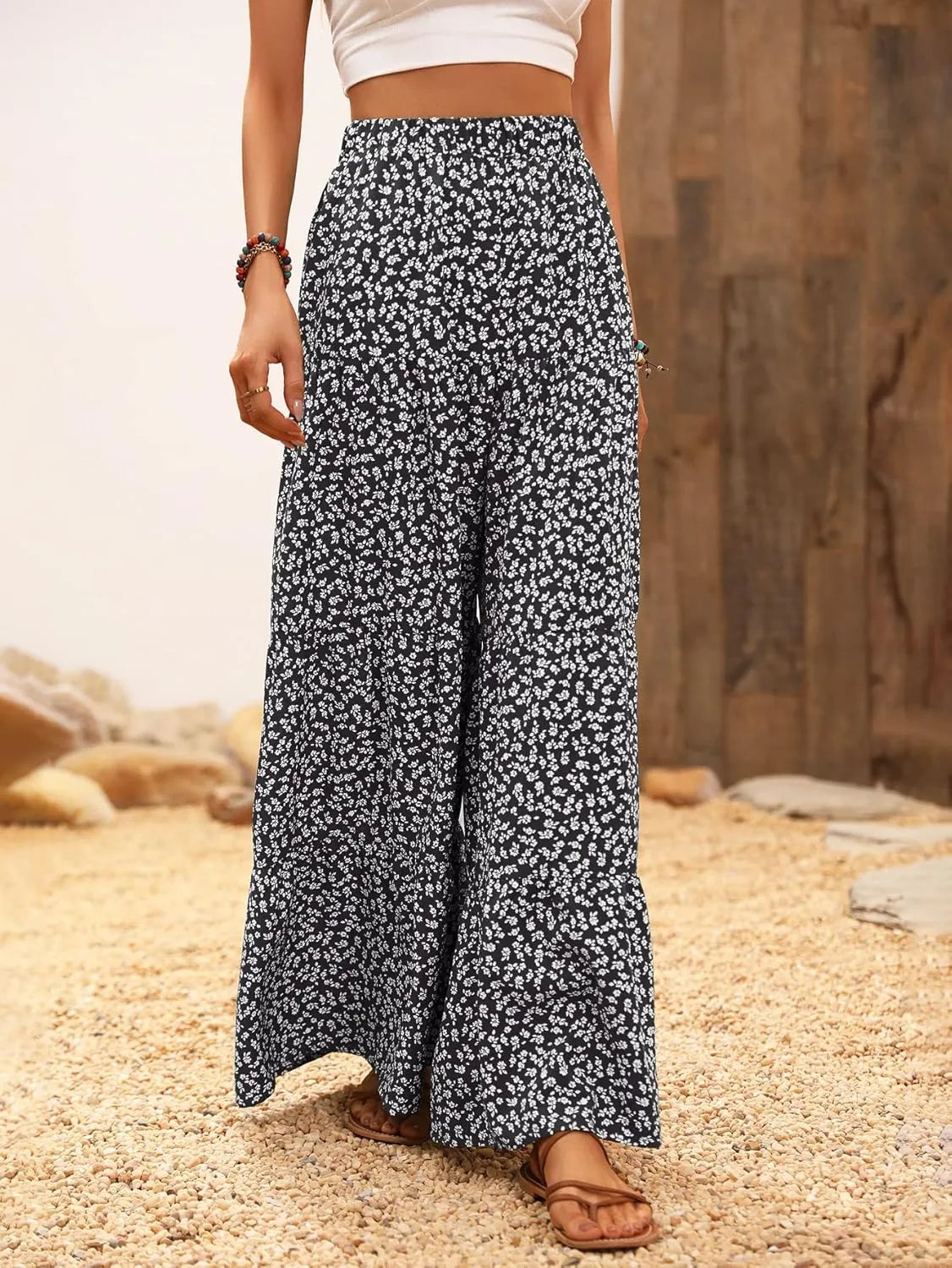Floerns Women's Floral Print High Waist Beach Wide Leg Palazzo Pants