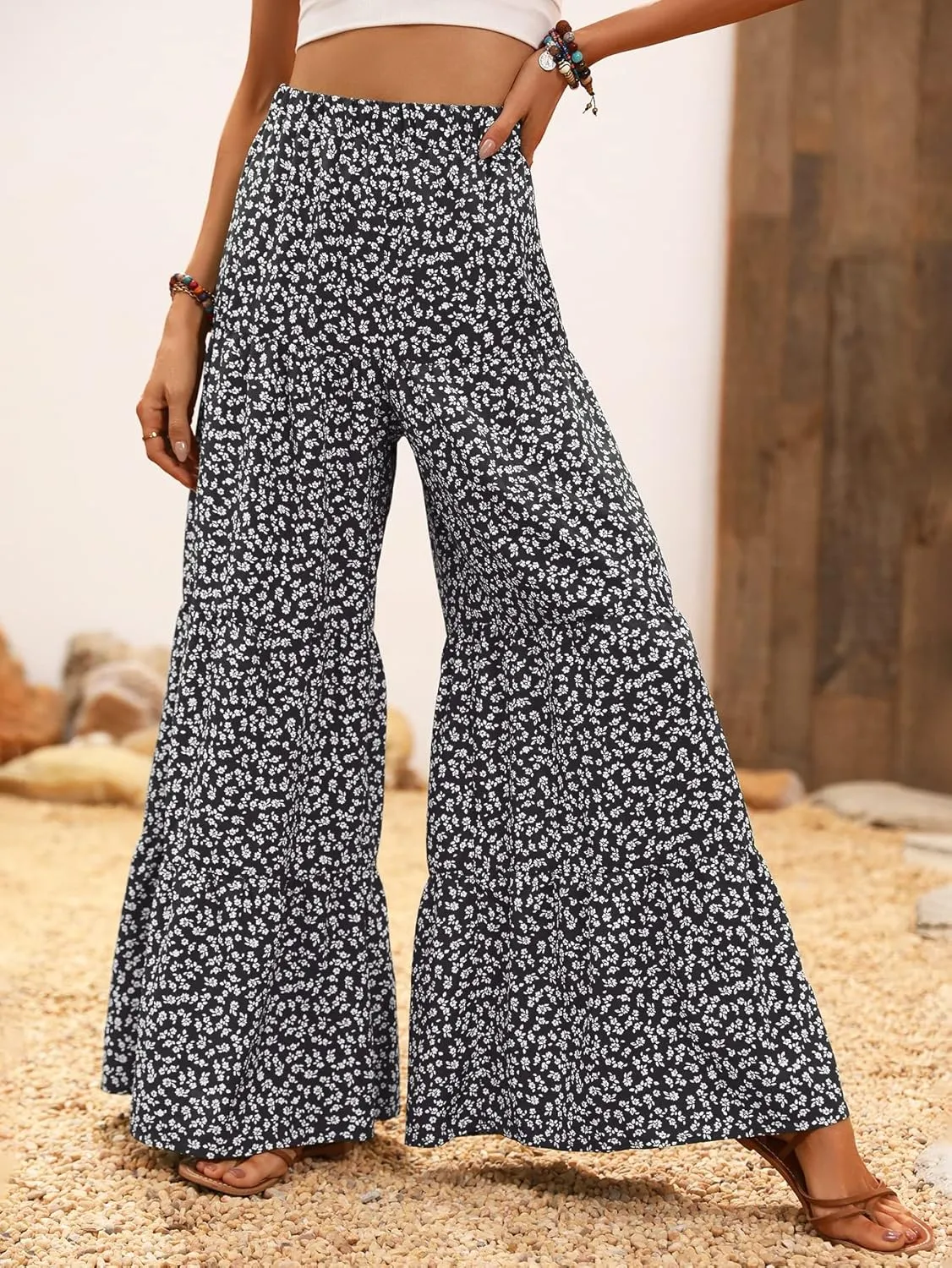 Floerns Women's Floral Print High Waist Beach Wide Leg Palazzo Pants