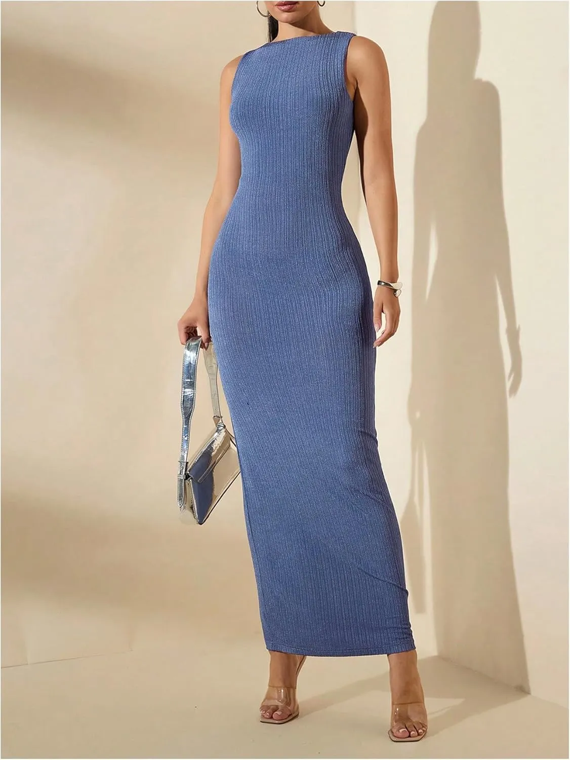 Floerns Women's Sleeveless Tank Dress Textured Rib Knitted Bodycon Maxi Dresses