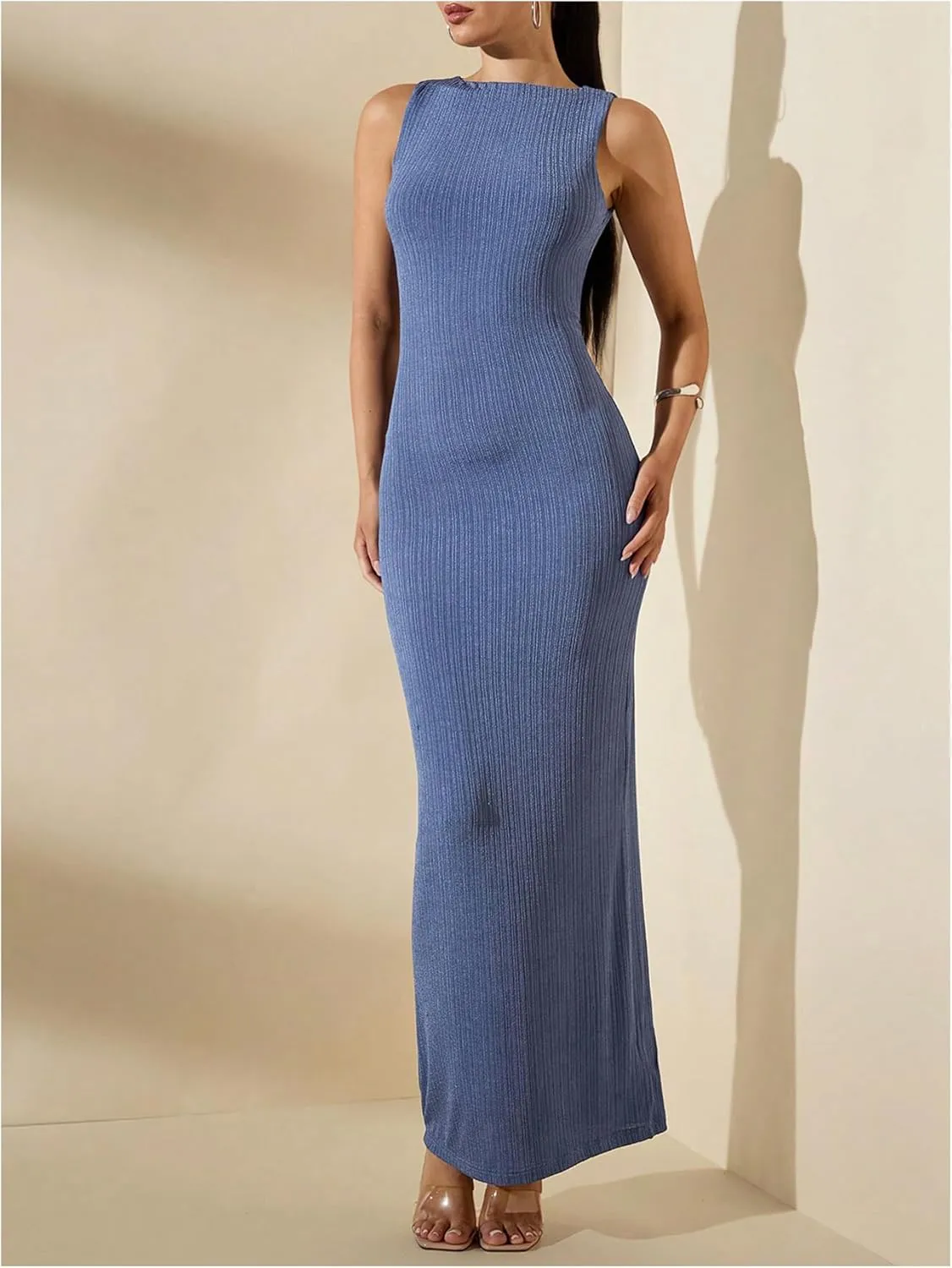 Floerns Women's Sleeveless Tank Dress Textured Rib Knitted Bodycon Maxi Dresses