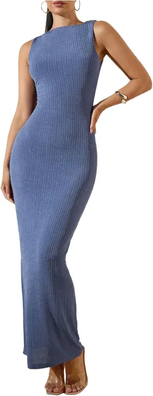 Floerns Women's Sleeveless Tank Dress Textured Rib Knitted Bodycon Maxi Dresses