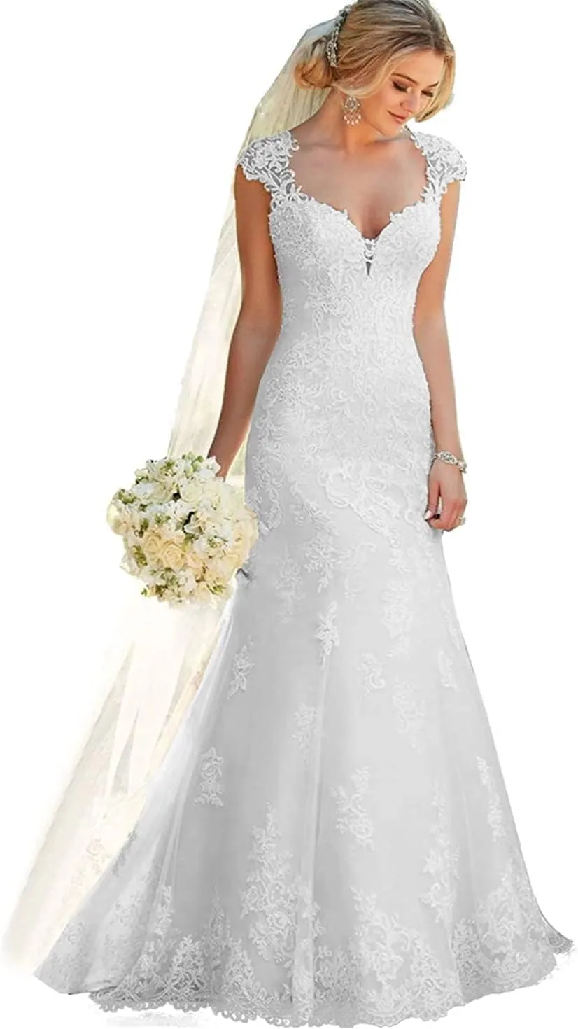 Floral Beaded Mermaid Wedding Dresses for Women 2025 Elegant Lace Applique Bridal Evening Party Gowns