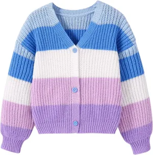 Girl's Rainbow Colorblock Button Down Sweater Drop Shoulder Long Sleeve Fall Knitted Cute Cardigan