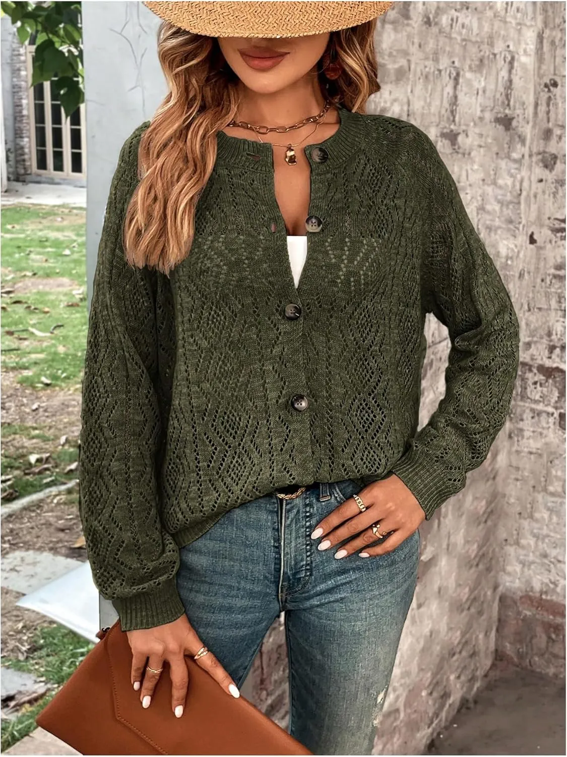GORGLITTER Women's Button Down Lightweight Cardigan Crochet Long Sleeve Knit Sweater