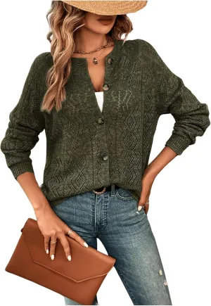 GORGLITTER Women's Button Down Lightweight Cardigan Crochet Long Sleeve Knit Sweater