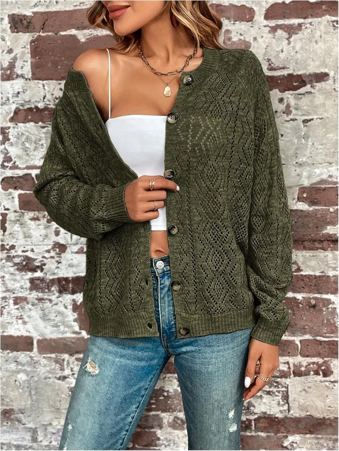 GORGLITTER Women's Button Down Lightweight Cardigan Crochet Long Sleeve Knit Sweater