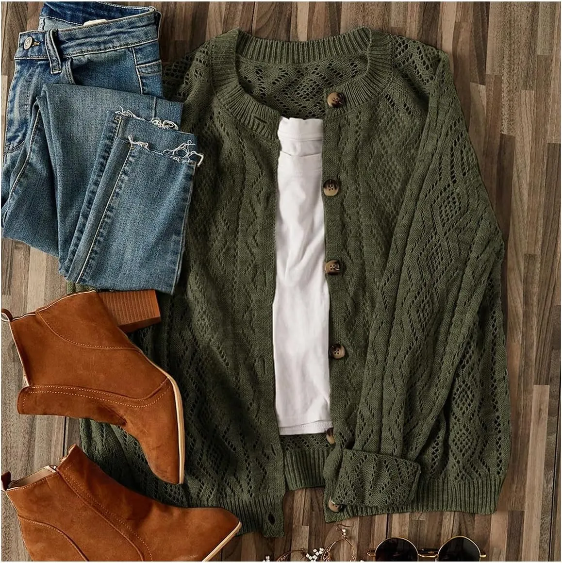 GORGLITTER Women's Button Down Lightweight Cardigan Crochet Long Sleeve Knit Sweater