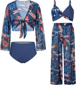 GRACE KARIN Teen Girls Bathing Suits Kids 4 Piece Long Sleeve Swimsuit Kimono Up Pants Bikini Tankini Set Swimwear