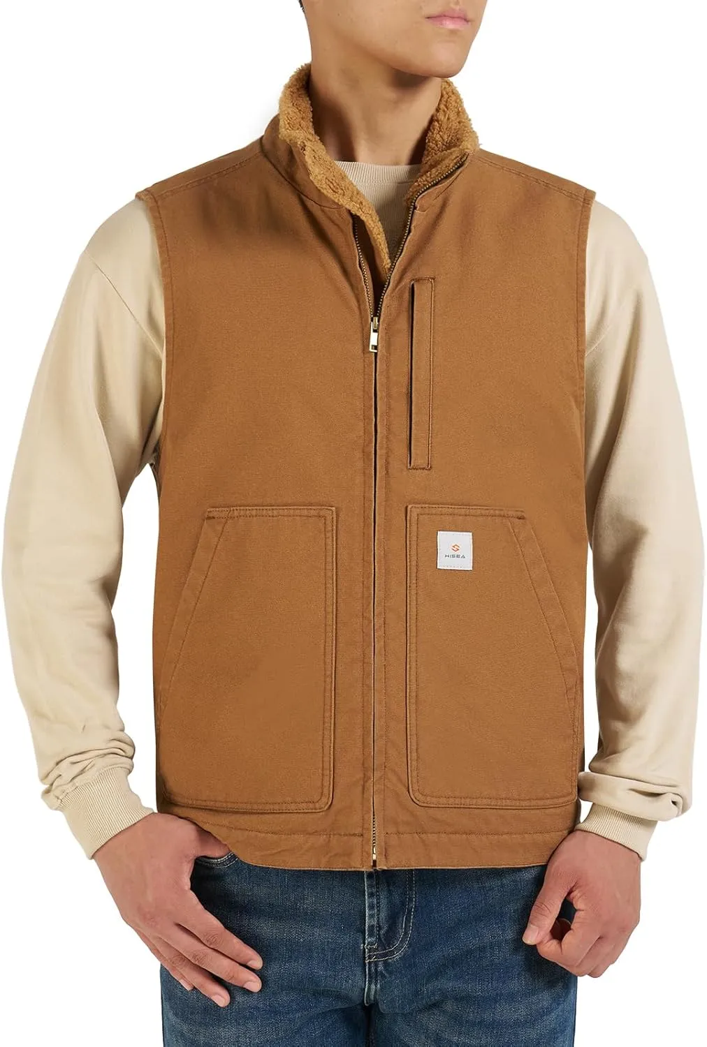 HISEA Men's Washed Duck Sherpa-Lined Vest, Mens Loose Fit Winter Insulated Canvas Workwear Mock-Neck Vest