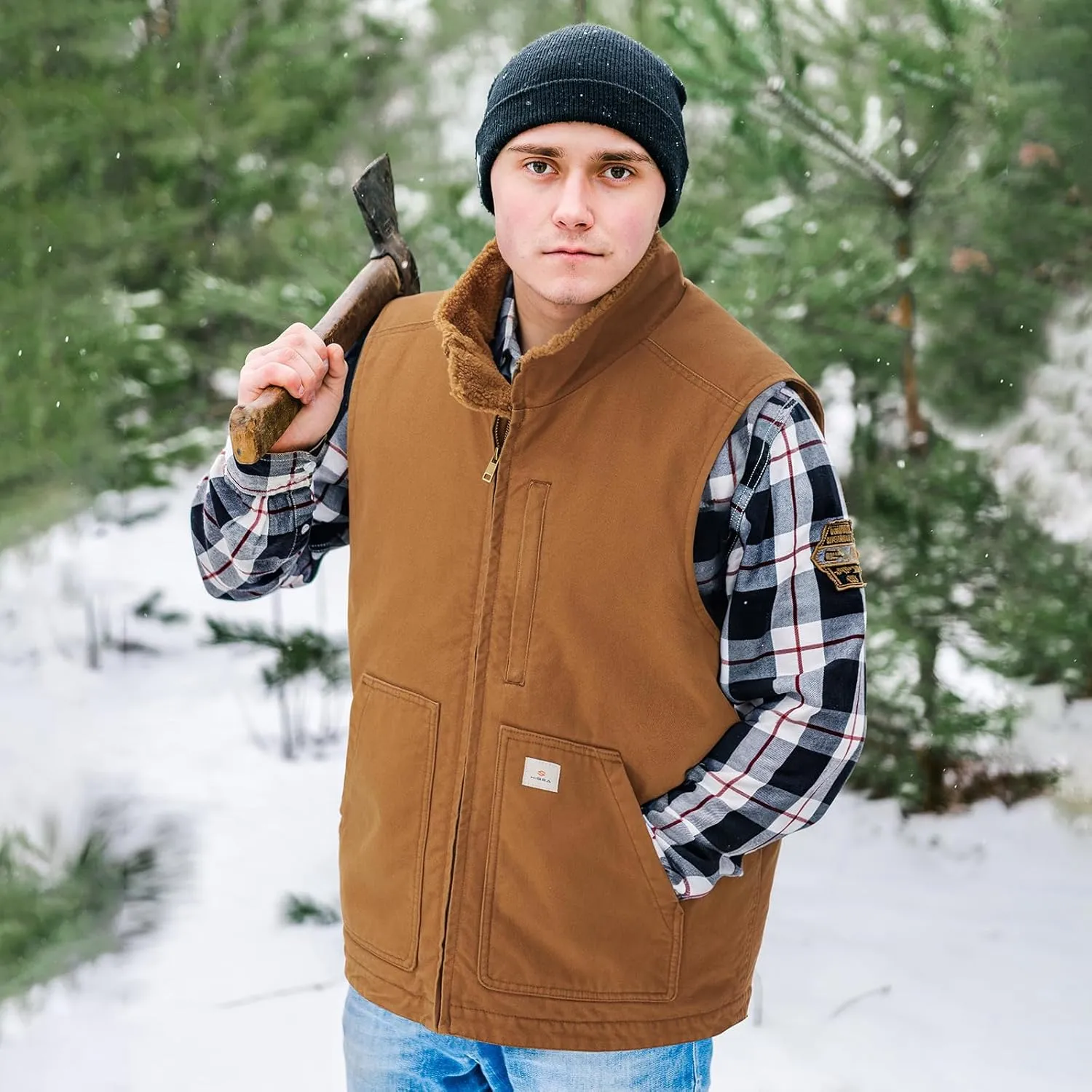 HISEA Men's Washed Duck Sherpa-Lined Vest, Mens Loose Fit Winter Insulated Canvas Workwear Mock-Neck Vest
